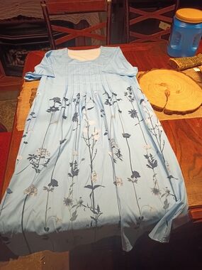 Light Blue Floral Pleated Women's Dress